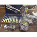 Mixed silver plate to include a canteen of fish cutlery and a four piece tea service, together