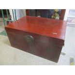 A Chinese camphor wood and leather tea chest, 37cm h x 76cm w