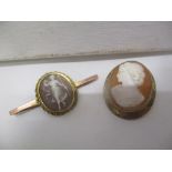 Two 9ct gold framed carved cameos, one on oval brooch the other a stick brooch, 10045g total