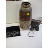 Ross of London 9 x 35 Stepruva leather cased binoculars, a West German Scheurich fat lava vase,
