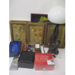 A mixed lot to include travel clocks, a golf trophy, pictures a lamp and other items