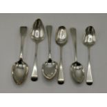 Six various Georgian silver tablespoons 304g Location: Cab