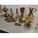 Brassware to include two carriage table lamps, two oil lamp bases, an Art Nouveau ink stand,