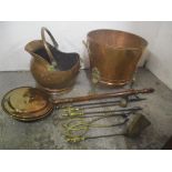 A selection of fireside items to include a Victorian copper and brass coal basket, warming pan,
