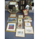 A mixed lot of pictures, mirrors and a Zulu shield and weapon display, to include an Ann Donaldson