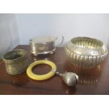Mixed silver to include a gadrooned sugar bowl, silver and ivory baby rattle, napkin ring and a