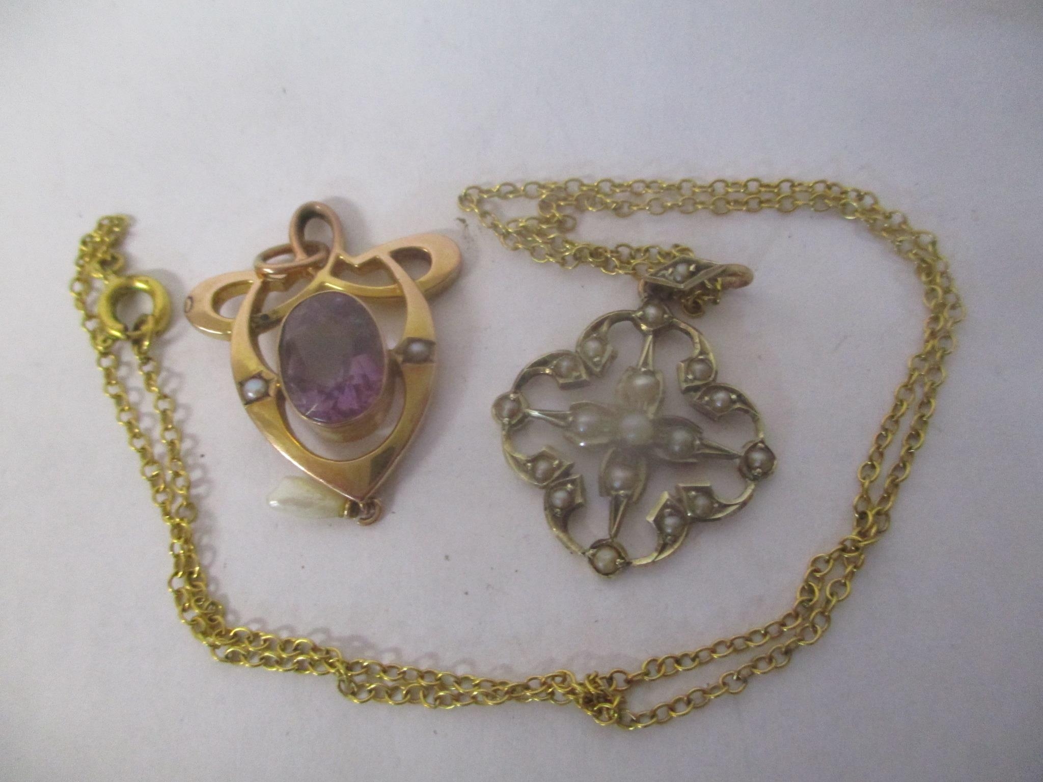 A 9ct gold and seed pearl pendant on a yellow metal necklace, together with a 9ct gold amethyst