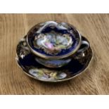 A 19th century Meissen lidded soup bowl and saucer, hand painted with classical romantic scenes on a