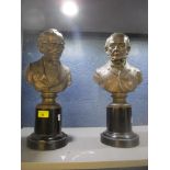 Pair late 19th/early 20th century metal busts of Disraeli and Gladstone, each mounted on ebonized