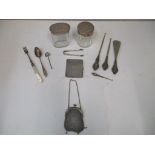 A selection of silver items to include a chain mail purse stamped 800, a cigarette case Birmingham