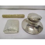 Silver to include a lidded Capstan inkwell, a pill box and a Victorian ivory needle case