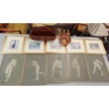 Four Albert Chevallier Tayler cricket prints, together with five other prints, a mahogany cutlery