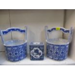 A pair of 20th century Chinese blue and white pales, 30cm h x 22cm diameter, a with a blue and white