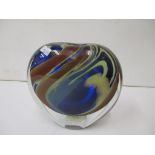 A Peter Layton signed art glass vase of flattened teardrop shape with a multi coloured swirled