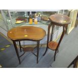 Edwardian inlaid mahogany kidney-shaped two tier table, and plant stand with octagonal shaped top