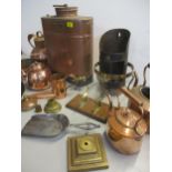 A vintage W.T French & Son Mysto copper hot water dispenser and mixed metalware to include 3