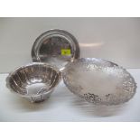 A 1970s silver commemorative dish, a silver plated bowl, and a silver plated cake stand