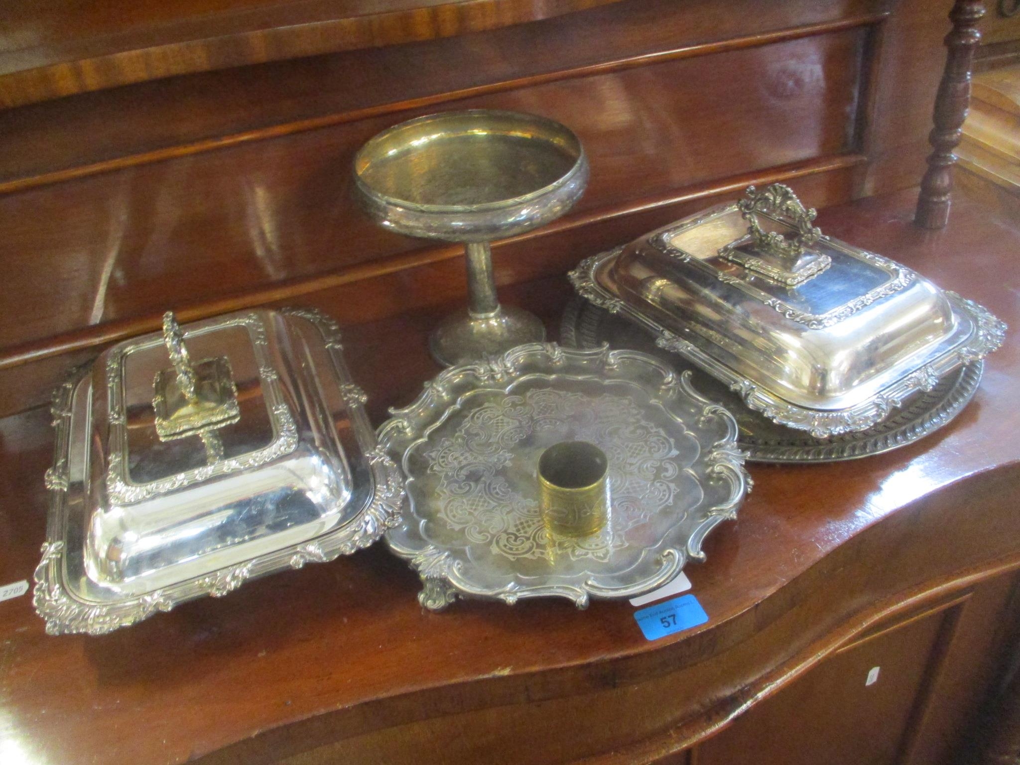 Silver plate to include a pair of Victorian entree dishes, two trays, a tazza and a napkin ring