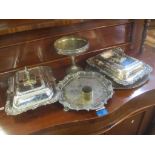 Silver plate to include a pair of Victorian entree dishes, two trays, a tazza and a napkin ring