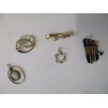 Two 9ct gold brooches, total weight 4.20g, three yellow metal stick pins (one A/F), two set with