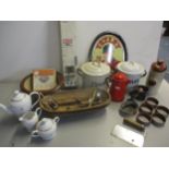 Vintage kitchen and household items to include enamelled storage tins, a 1970's Aspro public