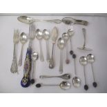 Mixed silver cutlery to include six silver coffee bean spoons, together with an enamelled and silver