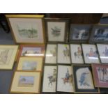 Seven prints of 18th and 19th century soldiers on horseback, prints of birds and Marlow, a map of