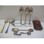 Silver and enamel spoon, glasses, spoon, and two tie clip
