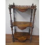 A Victorian walnut and marquetry what-not with a pierced gallery, 105cm h x 55cm w