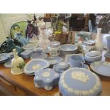A mixed lot to include Wedgwood blue Jasper ware ornaments, Doulton jug, porcelain figures to