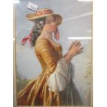 English School 19th century - watercolour study of a young woman wearing a straw hat tied with
