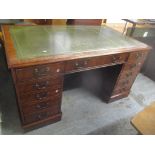 A large reproduction mahogany twin pedestal desk having green topped scriber, central long drawer