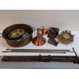 Metalware to include two copper teapots, a copper clad wall bracket, a spelter barometer and other