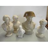 A 19th stoneware character jug of Lord Nelson, and four other parian and plaster busts of Lord
