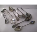 Silver to include six assorted teaspoons, a preserve spoon, sugar tongs and a decorative spoon, 122g