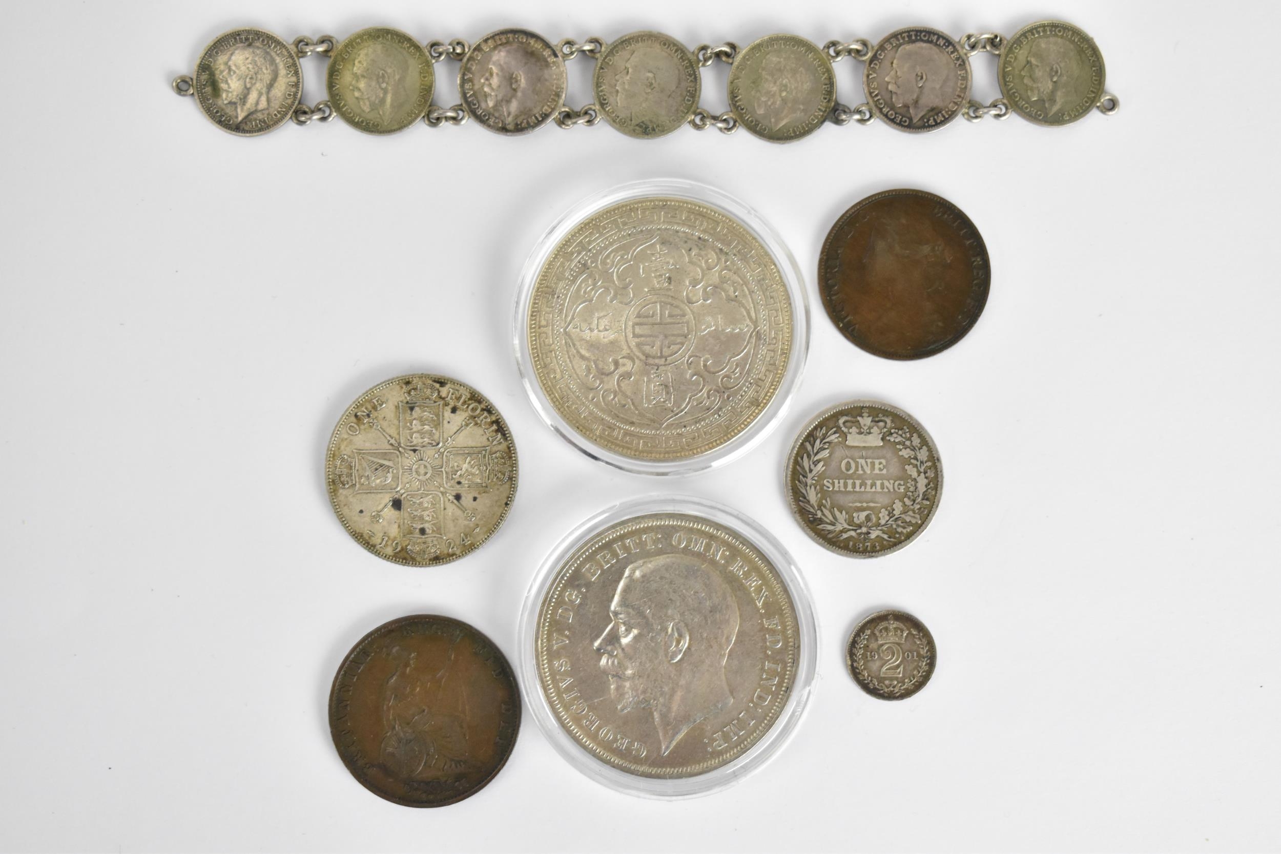 Late Victorian and George V coinage to include a 1873 one shilling, 1901 silver two pence, 1855 - Image 2 of 5