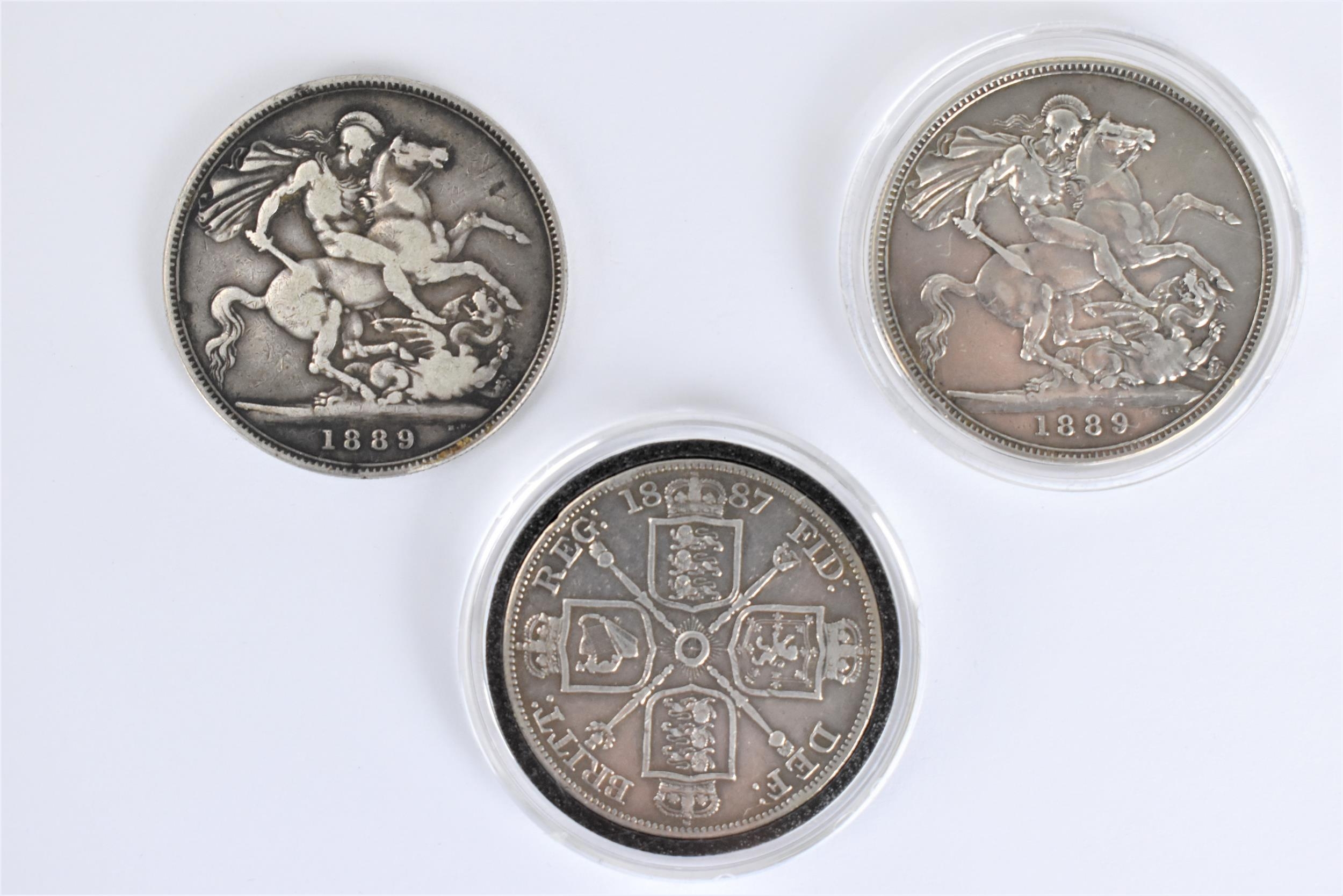 Late Victorian coinage to include a 1887 double Florin together with two 1889 Queen Victoria crowns