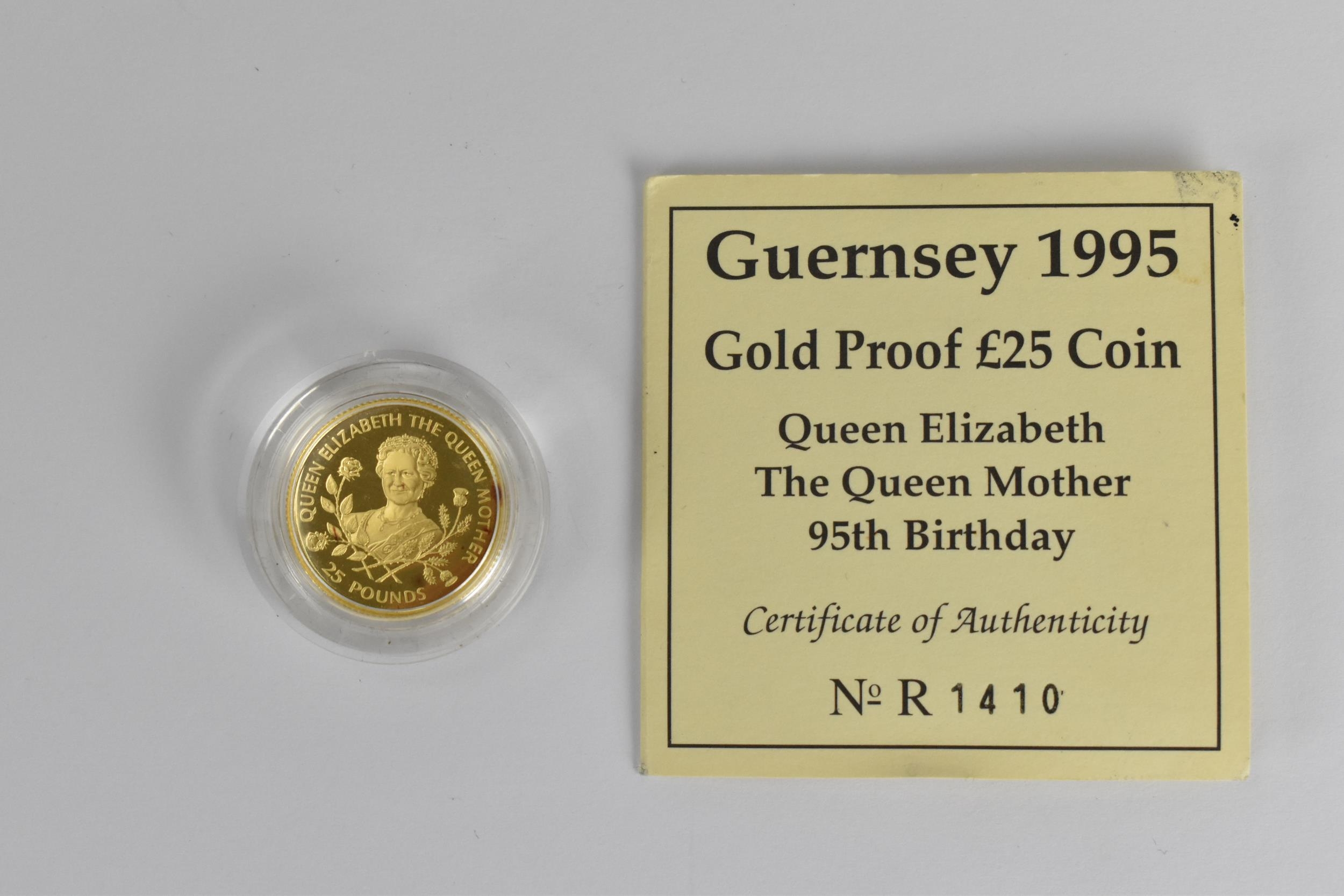 A 1995 Royal Mint Guernsey 24ct gold proof £25 coin 'Queen Elizabeth the Queen Mother 95th Birthday' - Image 2 of 2