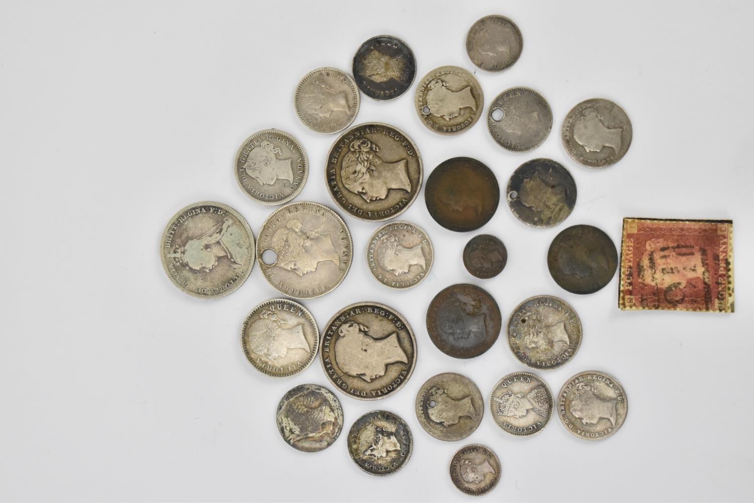 A selection of silver Victorian coinage to include early and later shillings, fourpence, 1838 silver