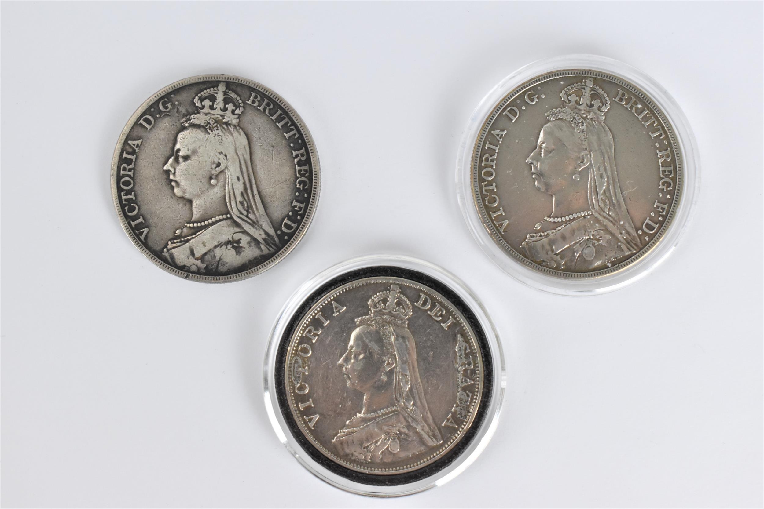 Late Victorian coinage to include a 1887 double Florin together with two 1889 Queen Victoria crowns - Image 2 of 2