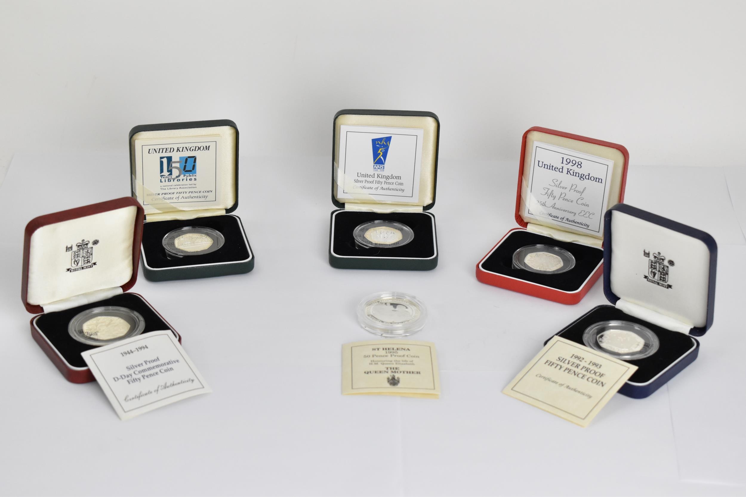 A collection of 6 Royal Mind silver proof Fifty Pence coins to include the 1992-1993 ?United