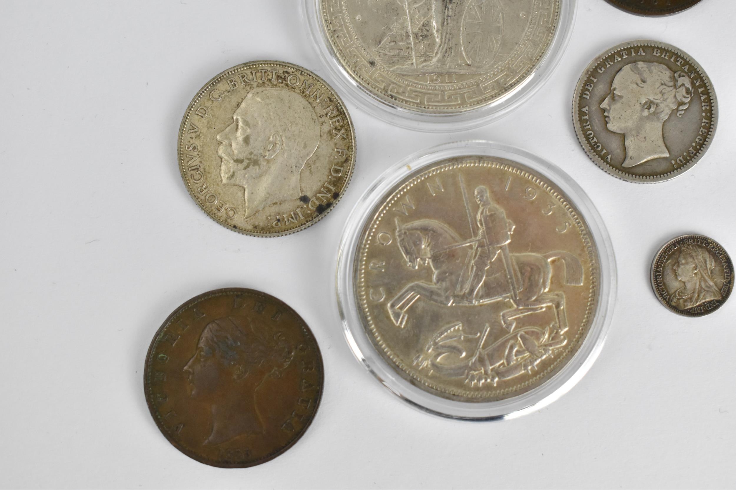 Late Victorian and George V coinage to include a 1873 one shilling, 1901 silver two pence, 1855 - Image 4 of 5