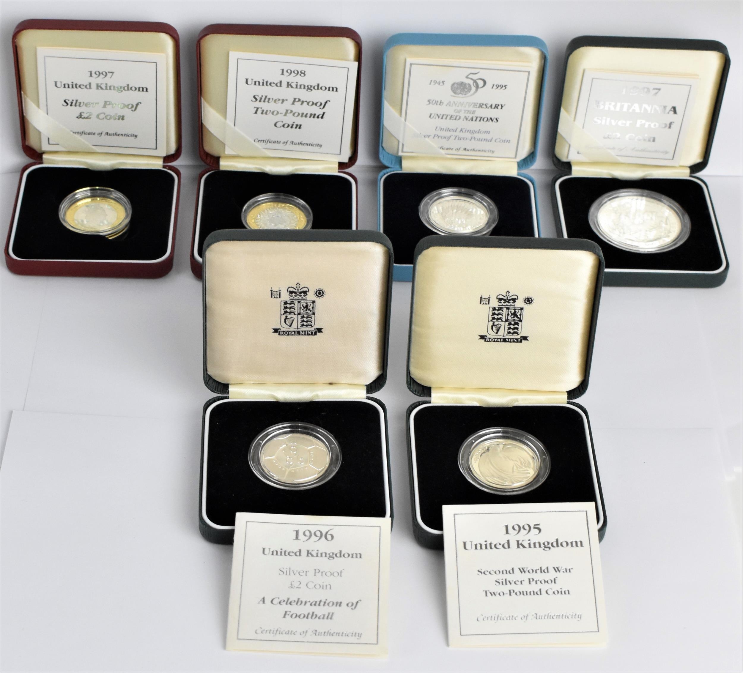 A collection of 6 Royal Mint silver proof Two-Pound coins to include the 1997 and 1998 silver