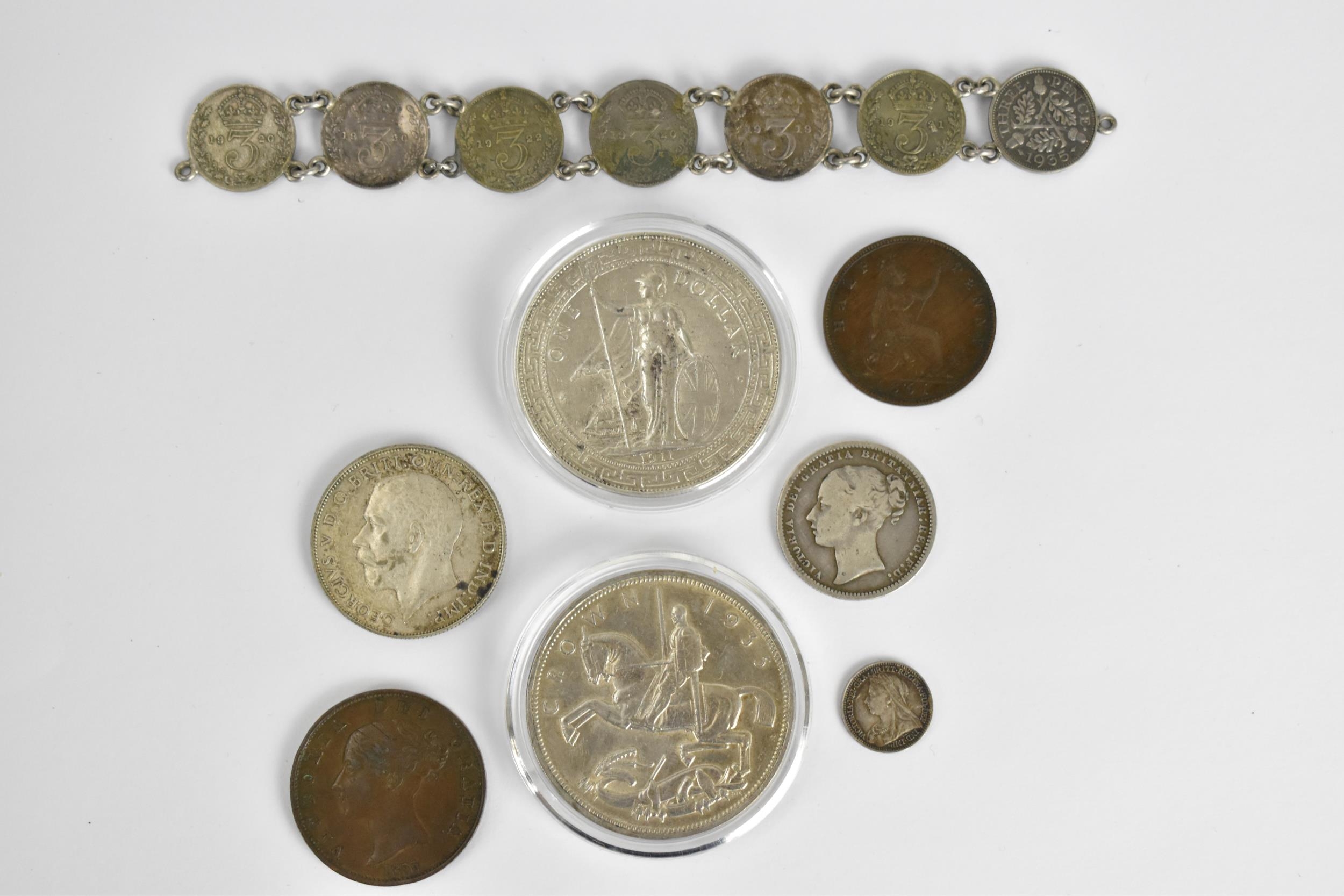 Late Victorian and George V coinage to include a 1873 one shilling, 1901 silver two pence, 1855