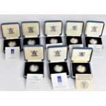 A collection of 8 boxed Royal Mint silver proof One Pound coins to include 1994, 1995, 1996, 1997,