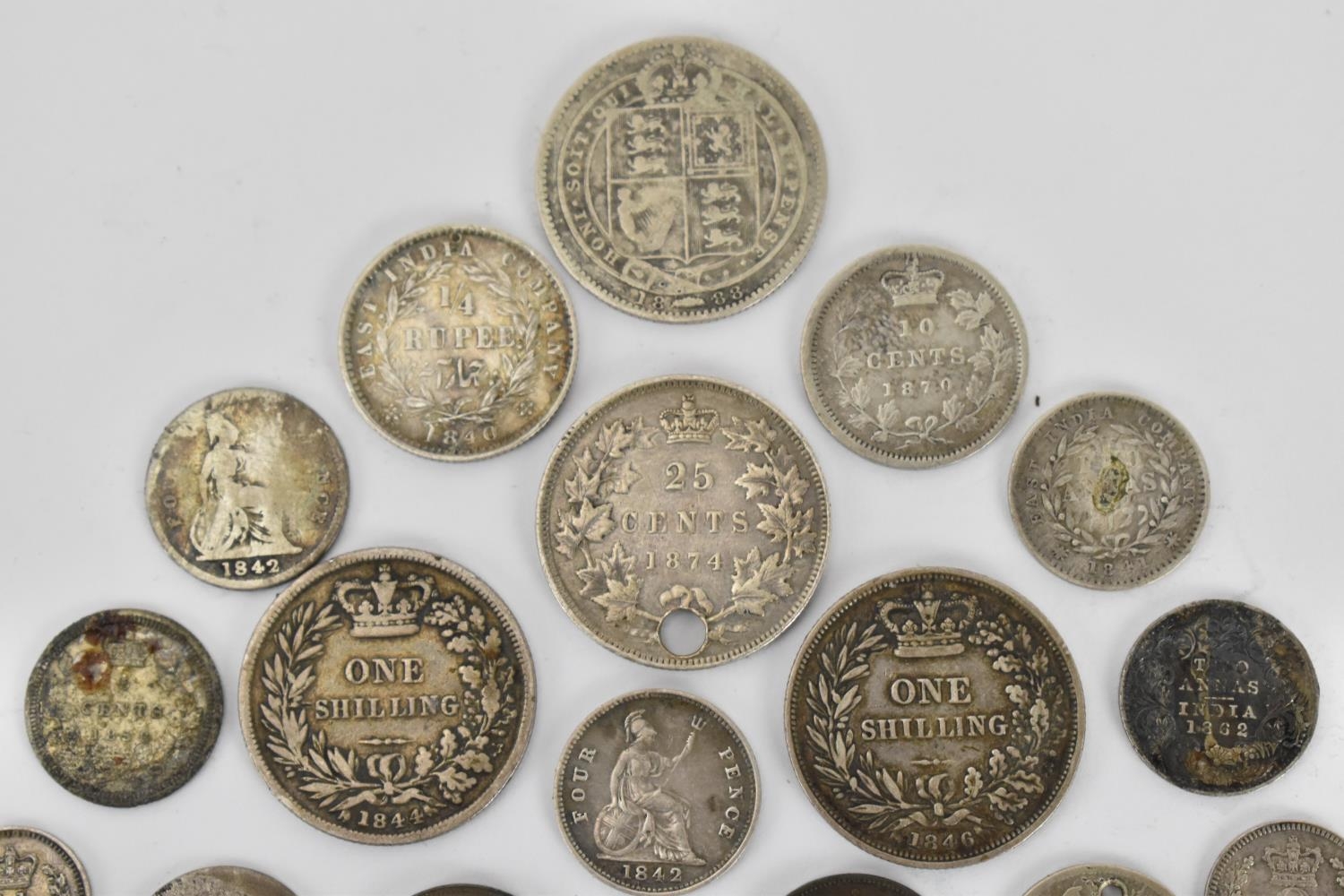 A selection of silver Victorian coinage to include early and later shillings, fourpence, 1838 silver - Image 5 of 6