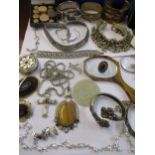 Costume jewellery to include silver items, a yellow metal and agate brooch and seven bracelets.
