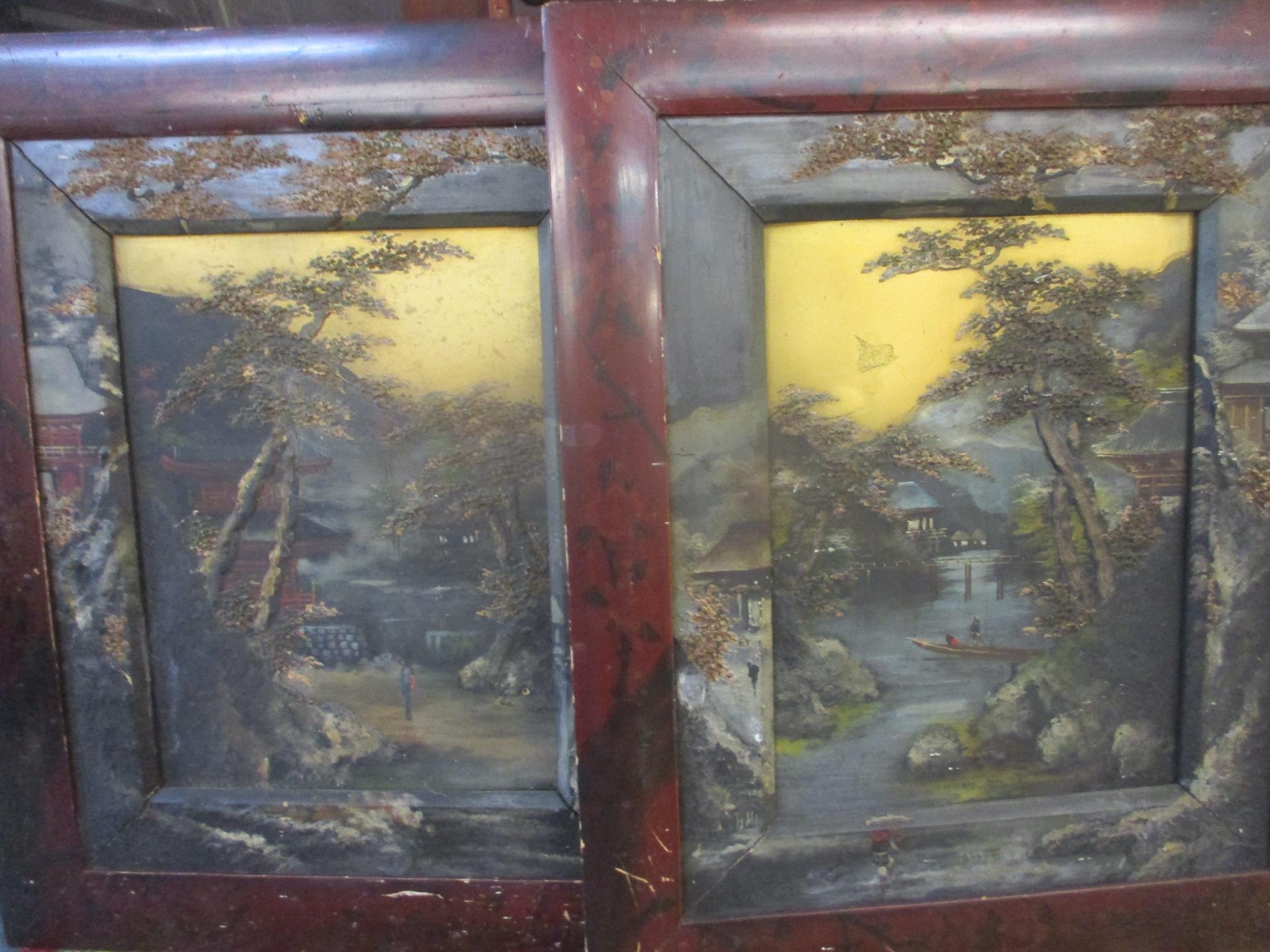 A pair of mid 20th century Oriental oils on board with the painting blending into the mount framed