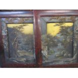 A pair of mid 20th century Oriental oils on board with the painting blending into the mount framed