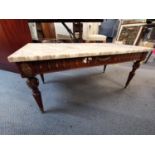 A 20th century French mahogany coffee table with gilt metal mounts and marble top, 40cm h, 92cmw,